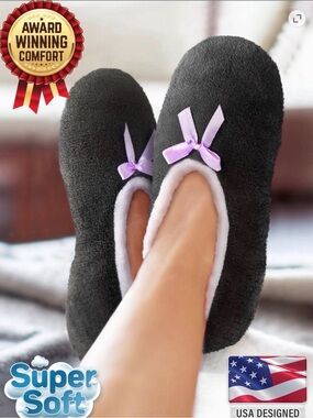 Women’s Black Plush Ballet Slippers Faux Fur Lined Purple Bow Size 9-10
